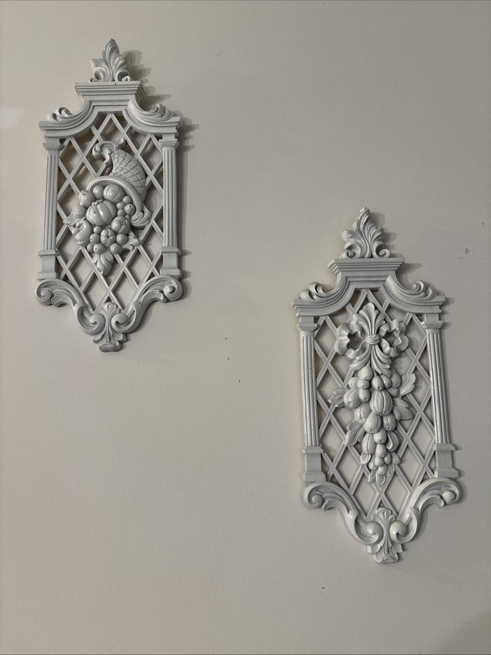 Vintage Pair Ornate Fruit Wall Plaques White Lattice Hollywood Regency Plastic